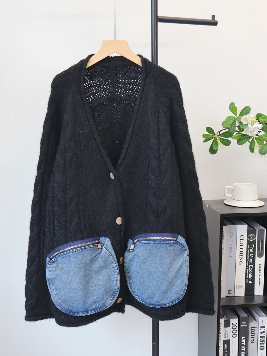 Splicing denim pocket sweater