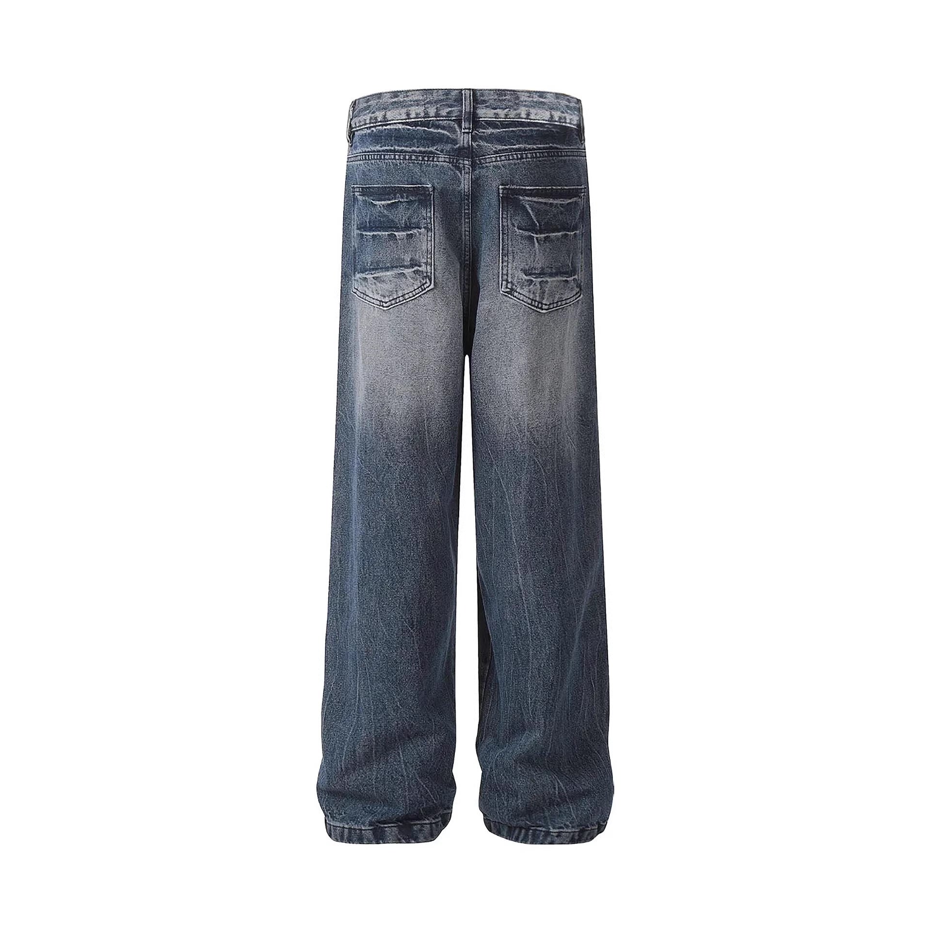 Vintage Lightning Pattern Washed Denim Pants Unisex Color Mid-Wash Style Casual Fit Jeans
