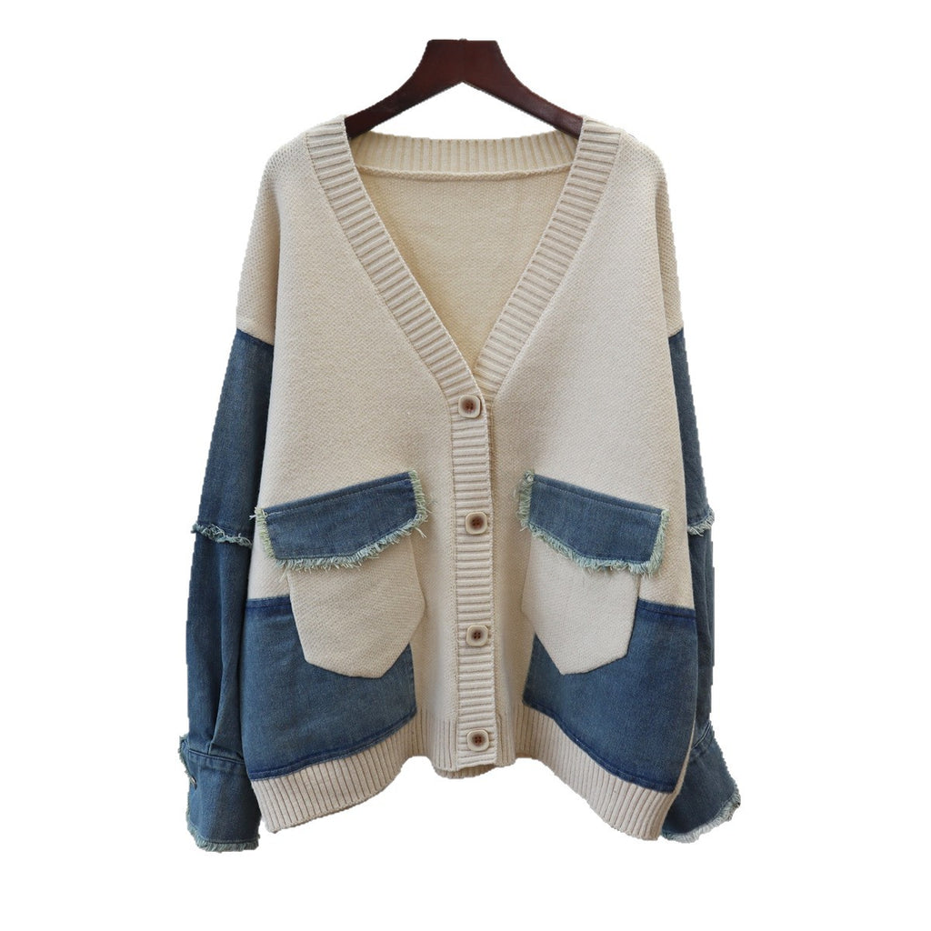 Splicing denim cardigan sweater