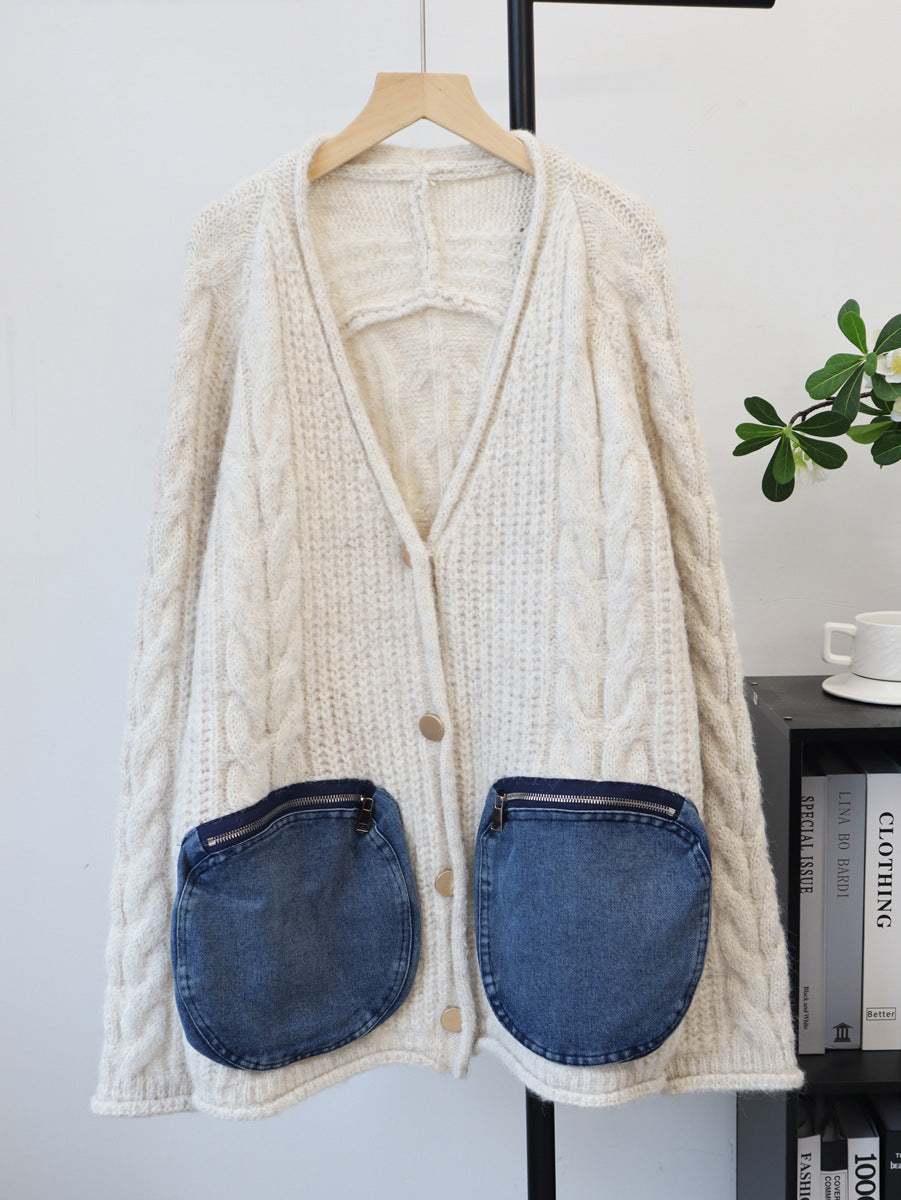 Splicing denim pocket sweater