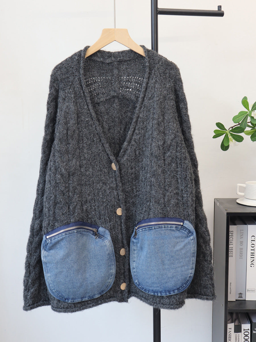 Splicing denim pocket sweater