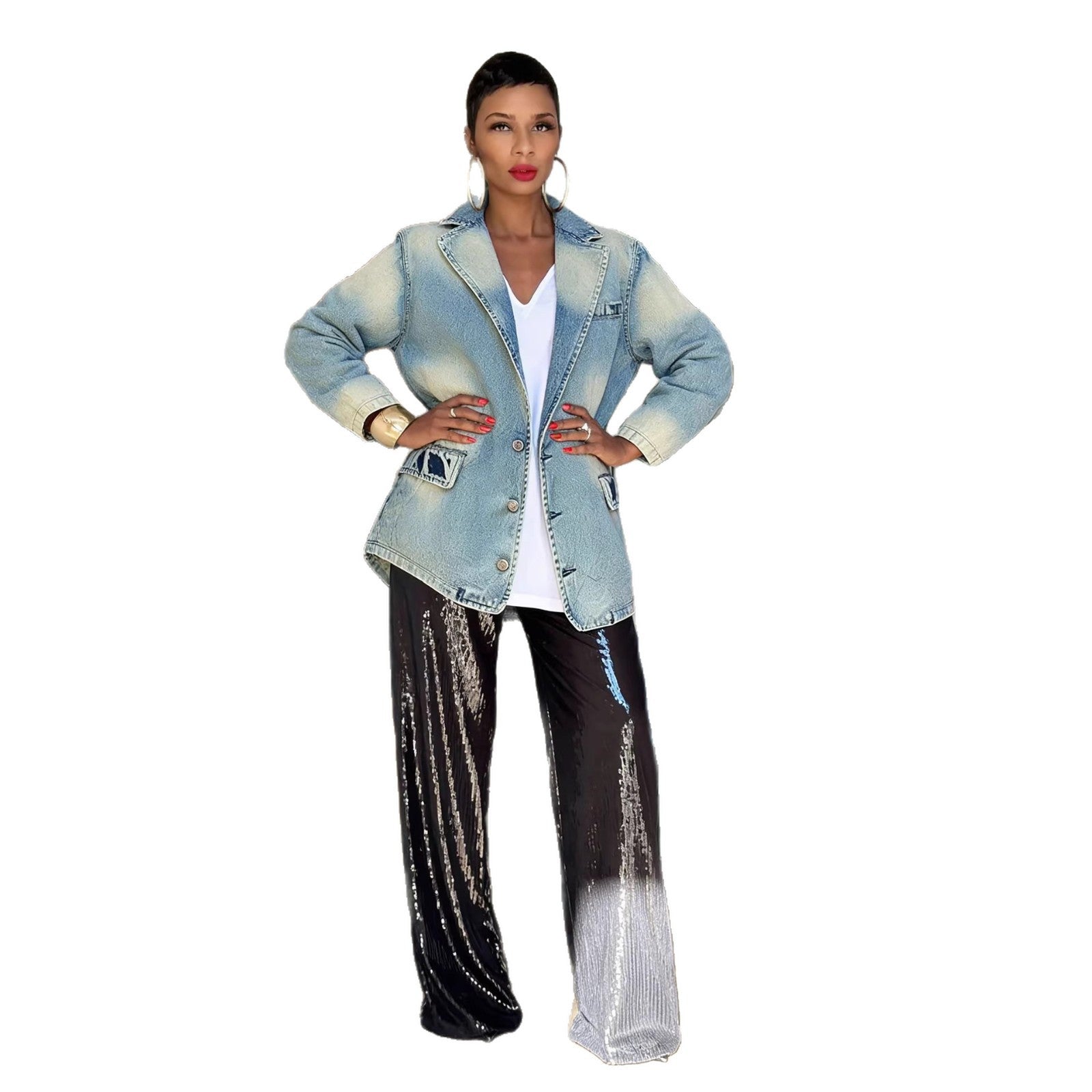 Vintage Distressed Washed Denim Blazer Jacket Coat