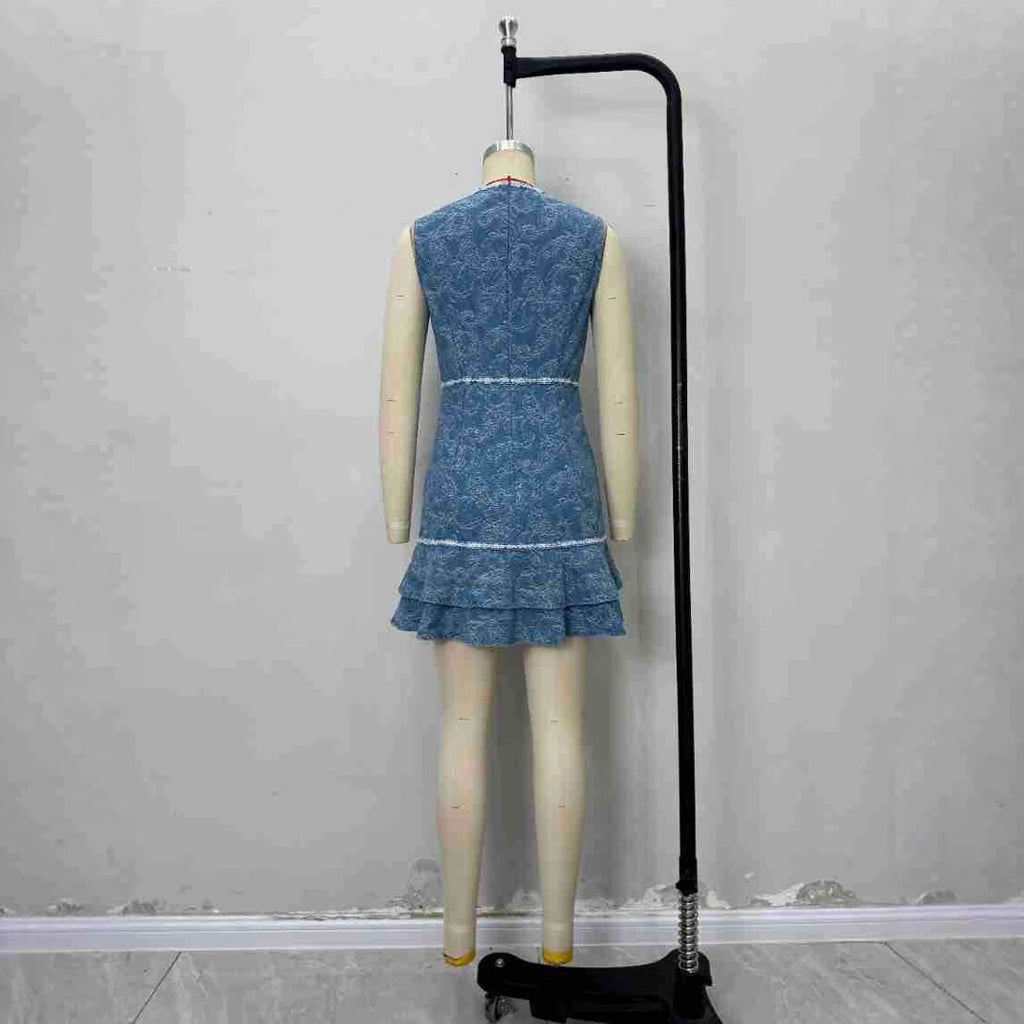Sleeveless blue white printed denim blue dress