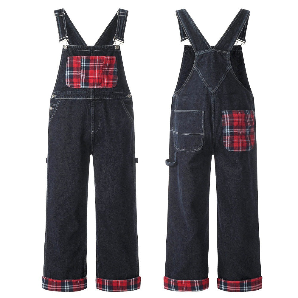 Color blocking checkered denim overalls