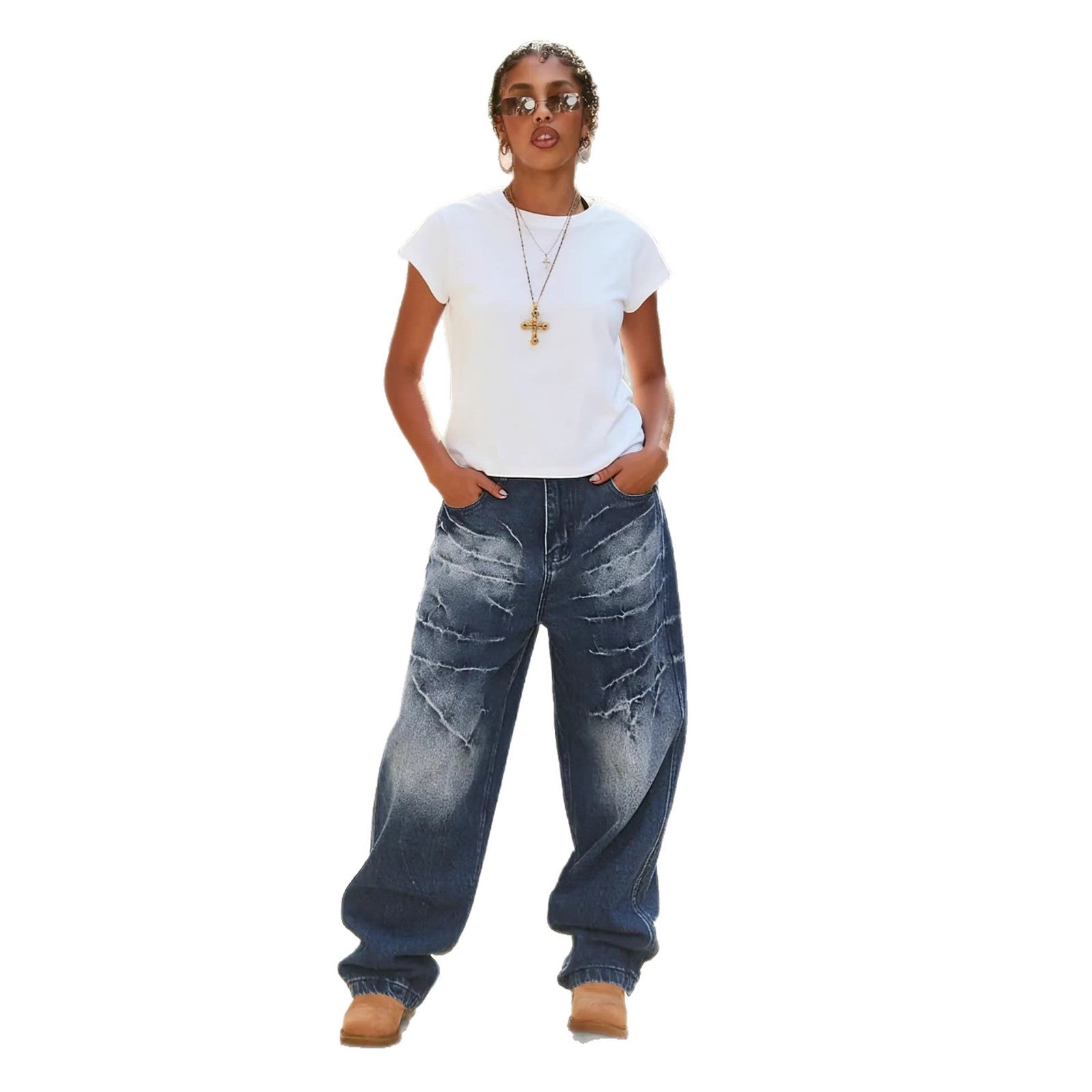 Vintage Lightning Pattern Washed Denim Pants Unisex Color Mid-Wash Style Casual Fit Jeans