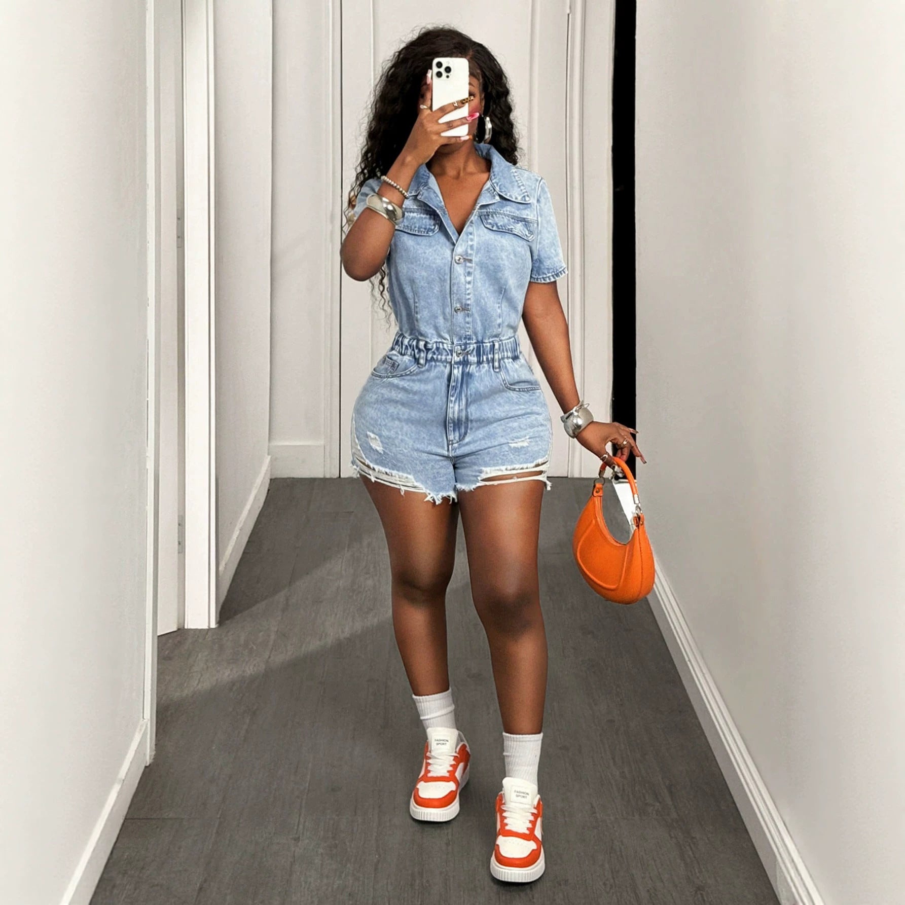 Short sleeved collar denim jumpsuit