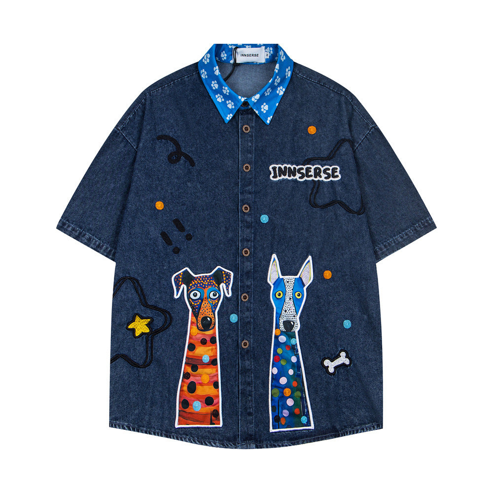 Embroidered denim short sleeved shirt with adhesive fabric