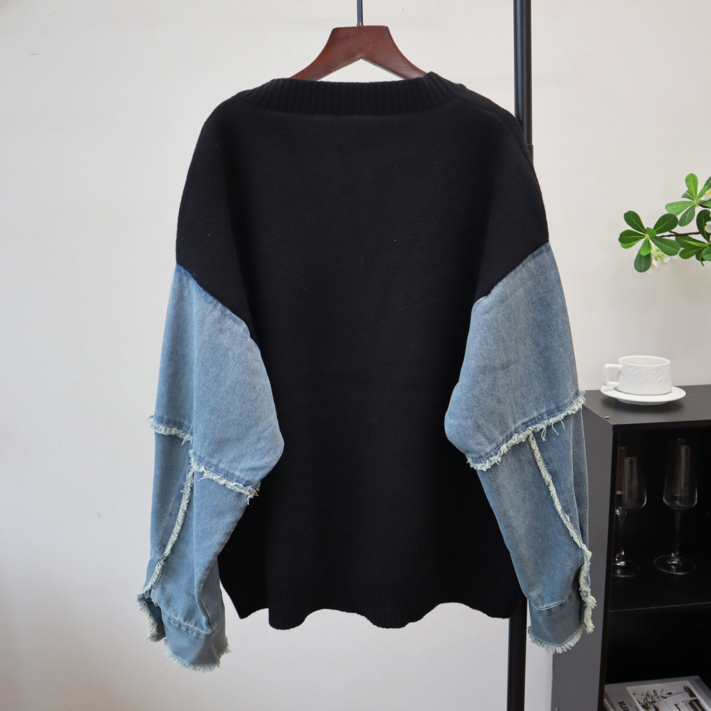 Splicing denim cardigan sweater