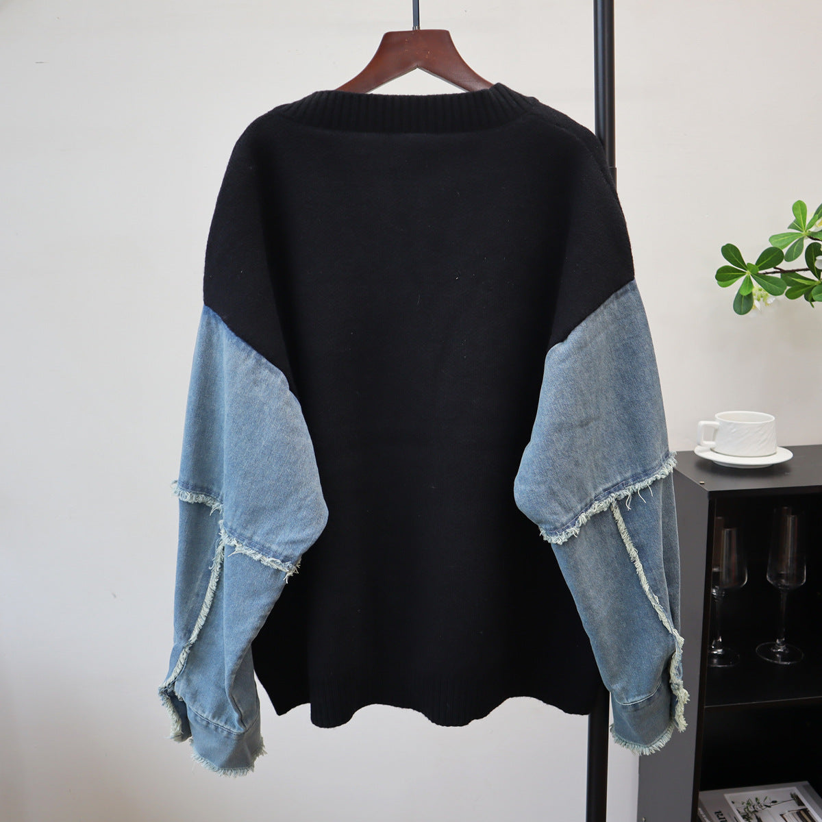 Splicing denim cardigan sweater