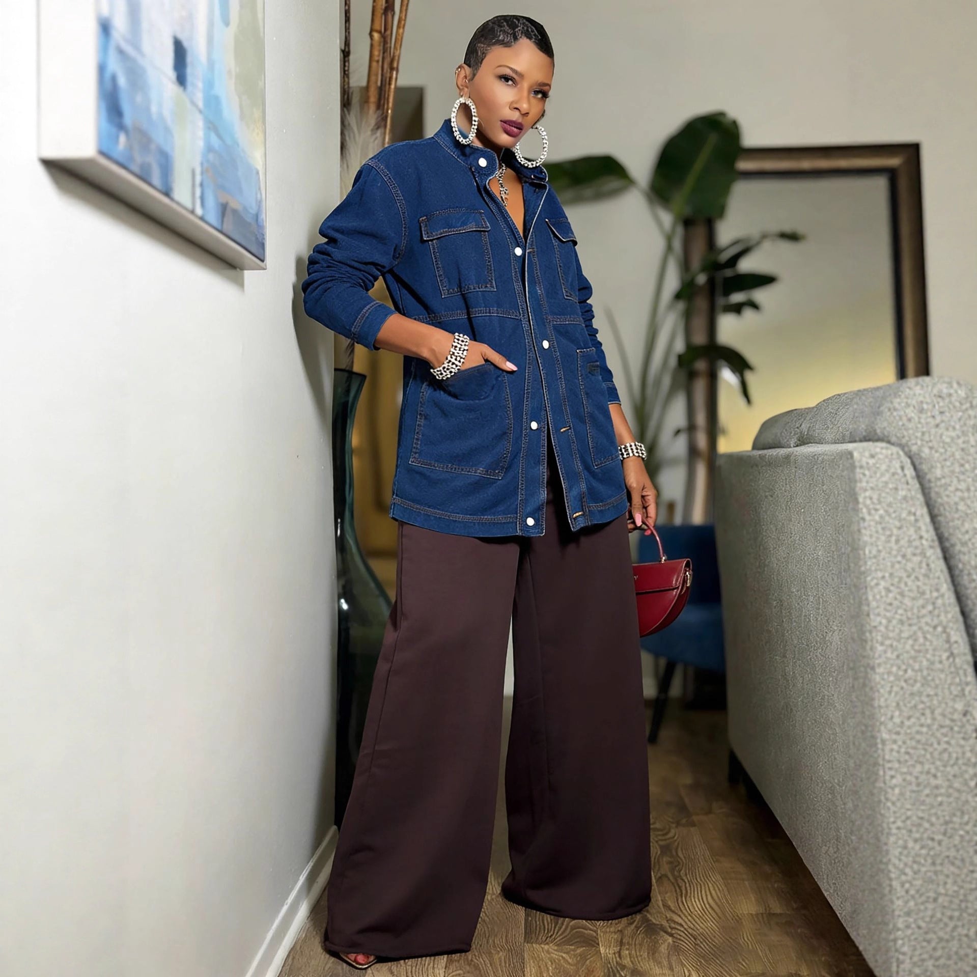 Oversize Mid-Length Cargo Denim Jacket