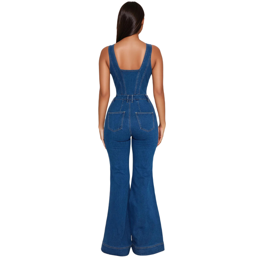 Strap denim jumpsuit flared pants