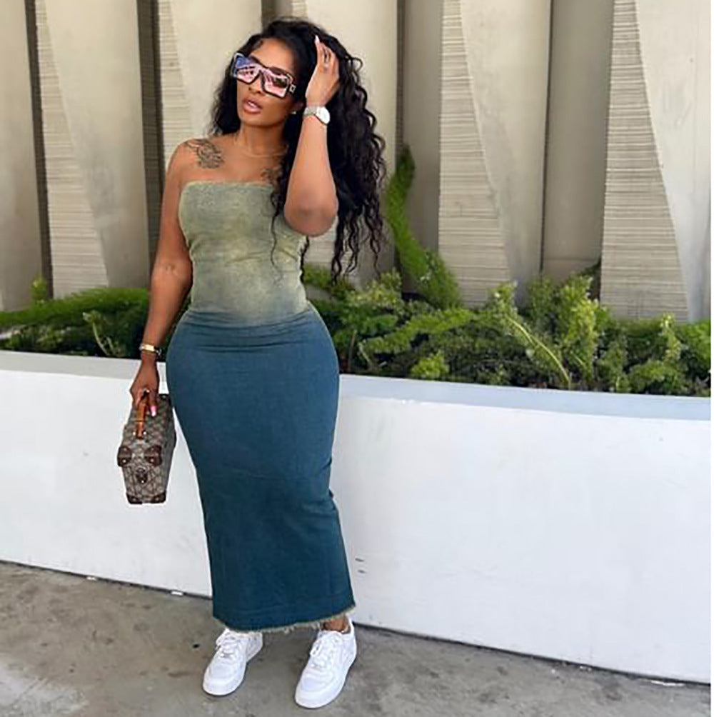 Gradient Strapless Cut-out Bodycon Denim Dress