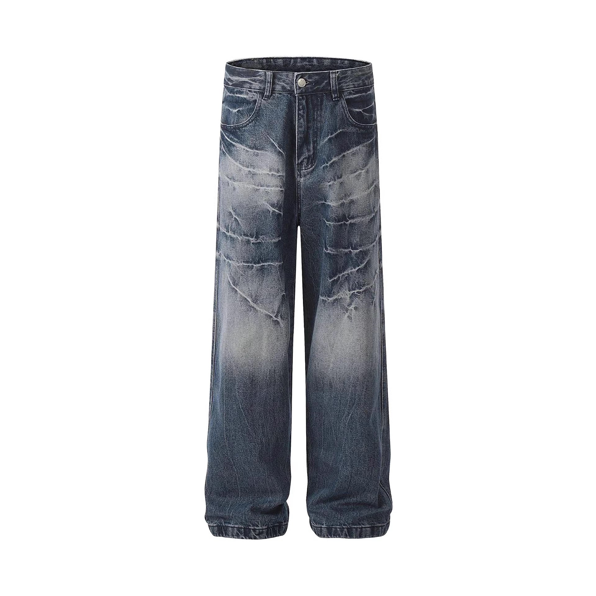 Vintage Lightning Pattern Washed Denim Pants Unisex Color Mid-Wash Style Casual Fit Jeans