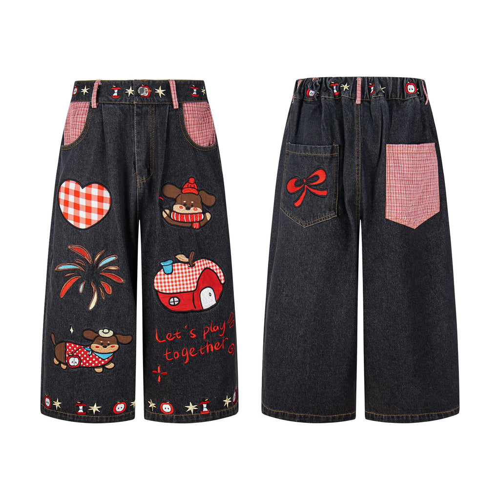 Sausage dog embroidered denim shorts