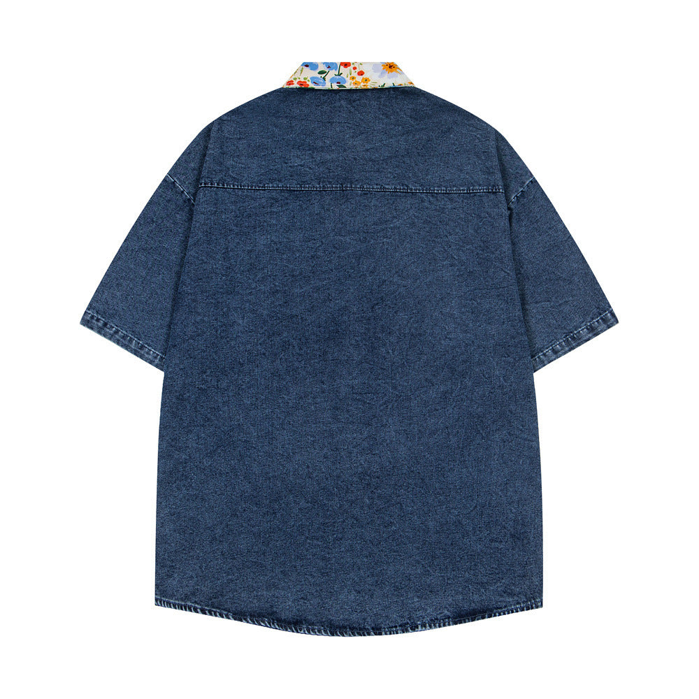 Graffiti cartoon printed denim short sleeved shirt