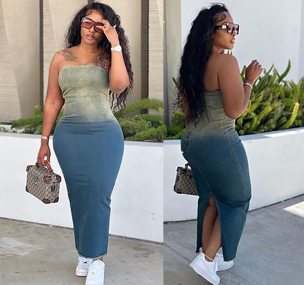 Gradient Strapless Cut-out Bodycon Denim Dress