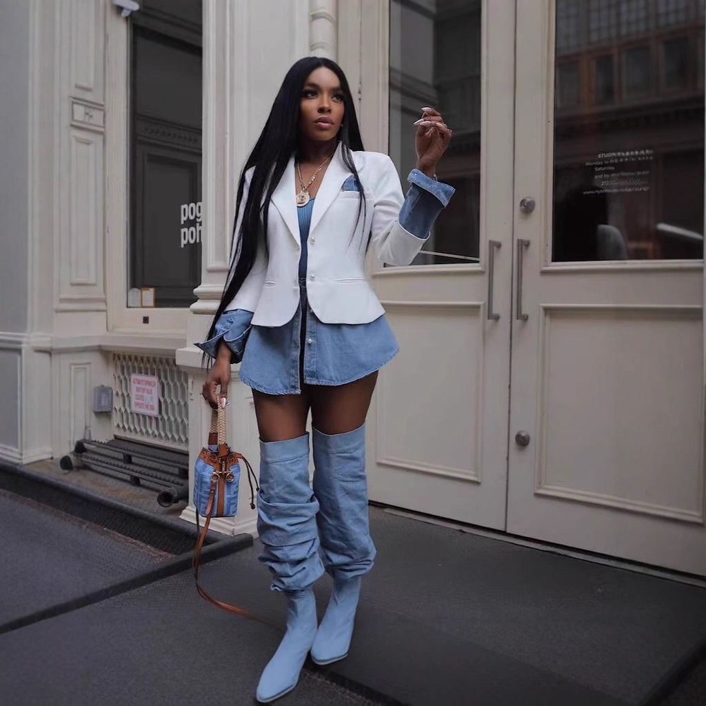 Fashion Casual Women's Patchwork Denim Blazer Coat