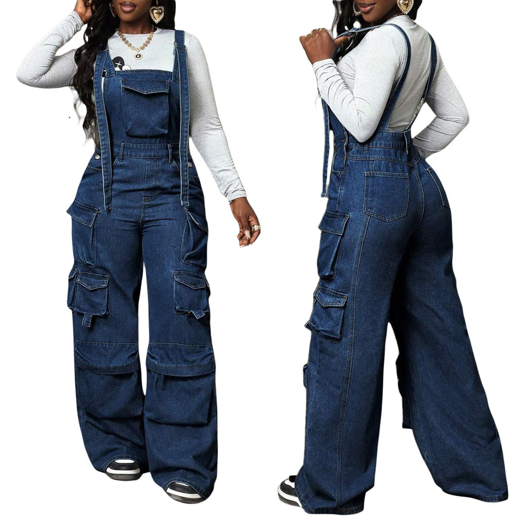 Wide leg denim loose overalls