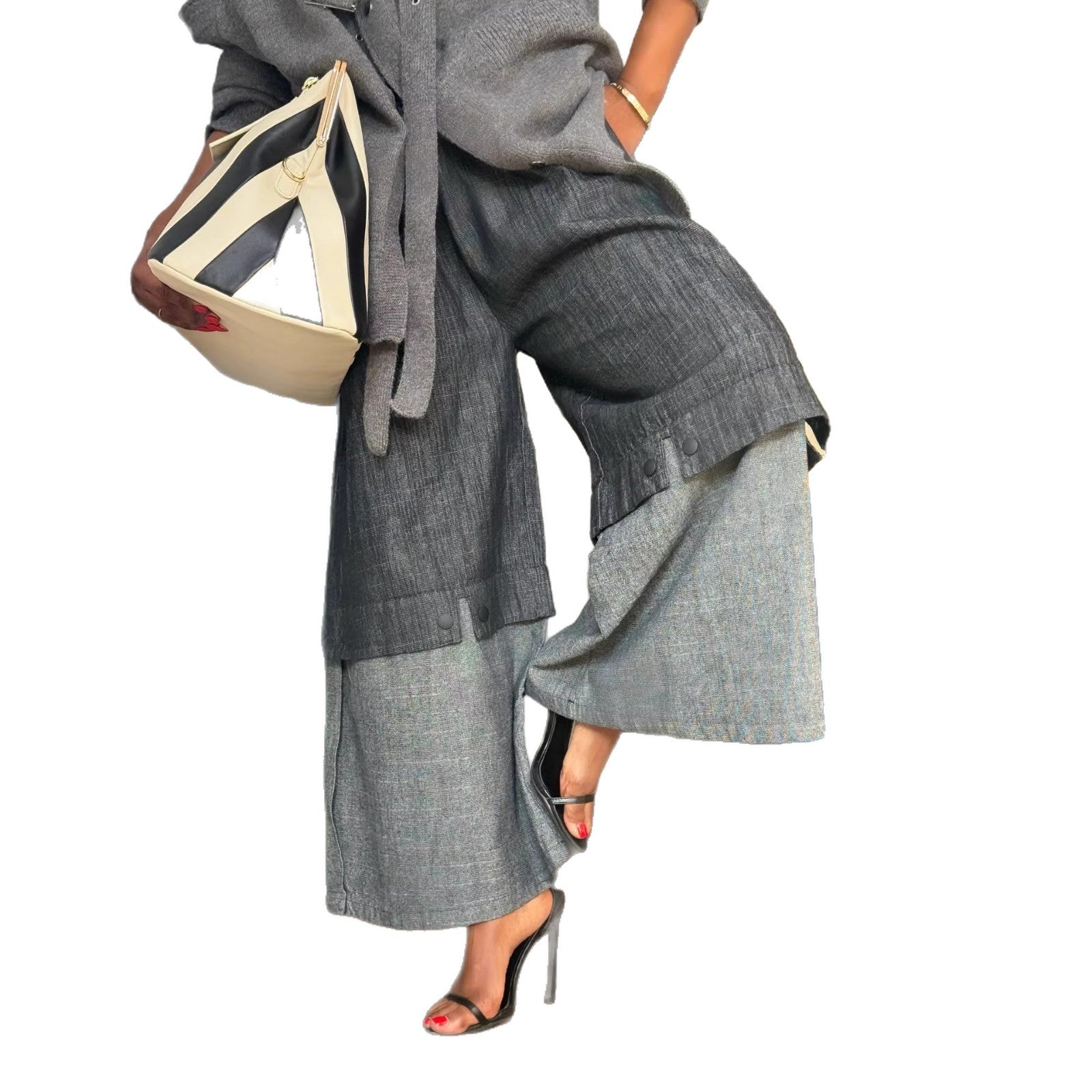 Street Style Elastic Waist Patchwork  Wide Leg Jeans