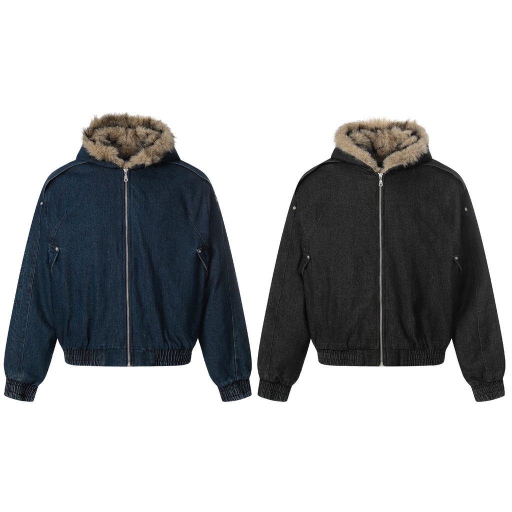 Wool collar denim cotton jacket