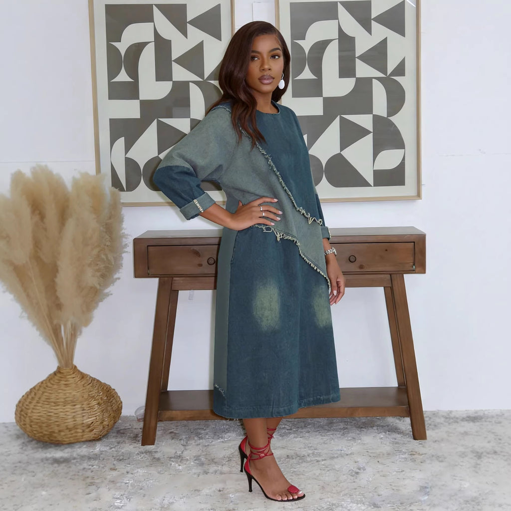 Raw Hem Loose Mid-Length Denim Dress