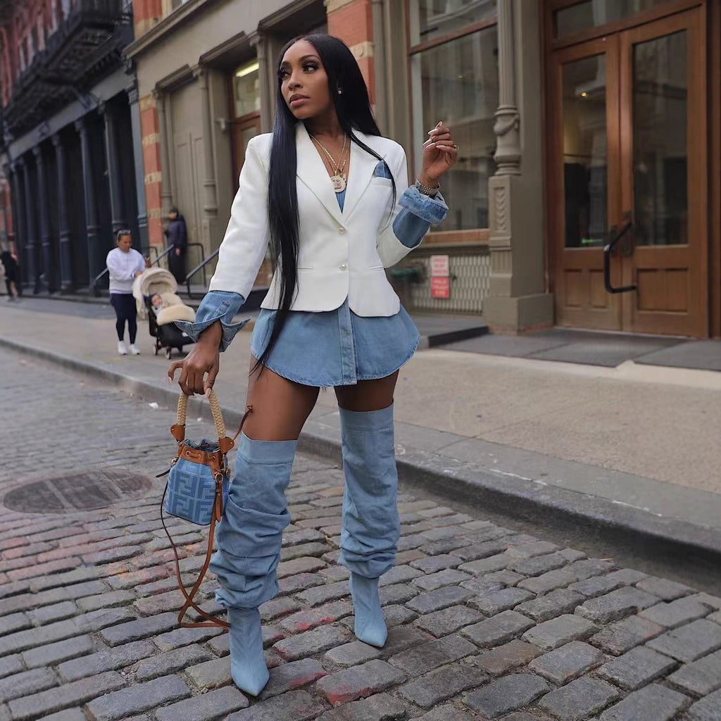 Fashion Casual Women's Patchwork Denim Blazer Coat