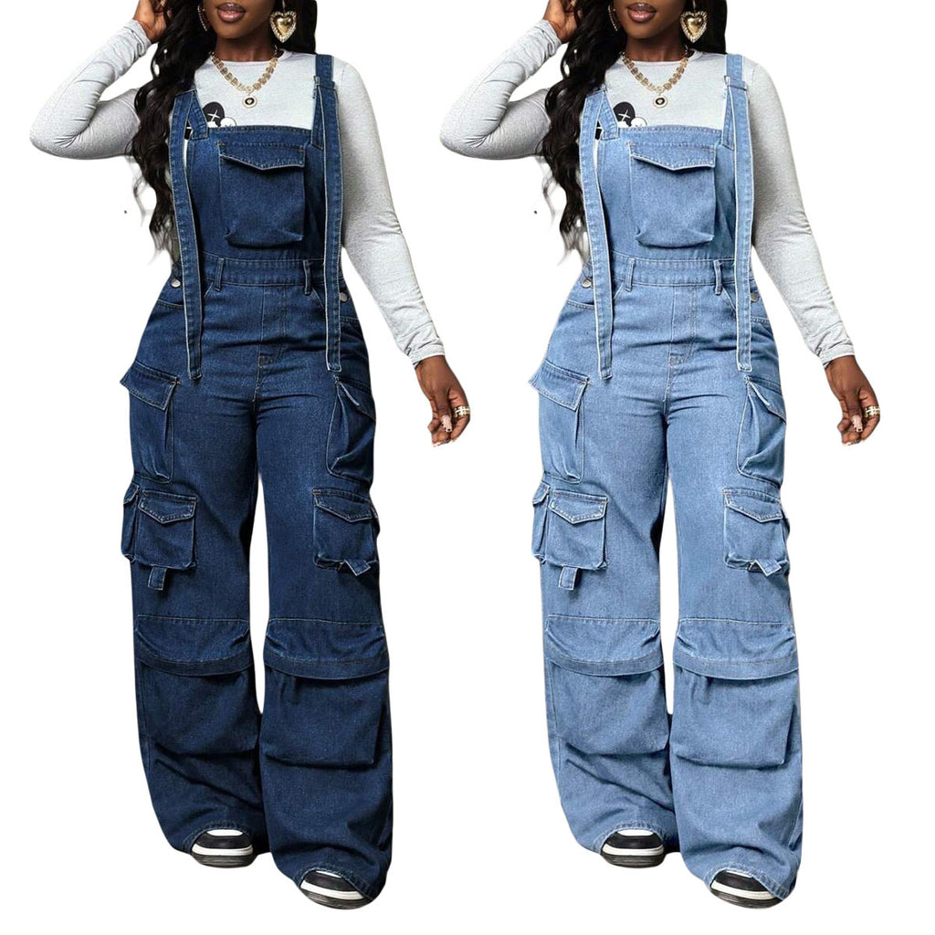 Wide leg denim loose overalls