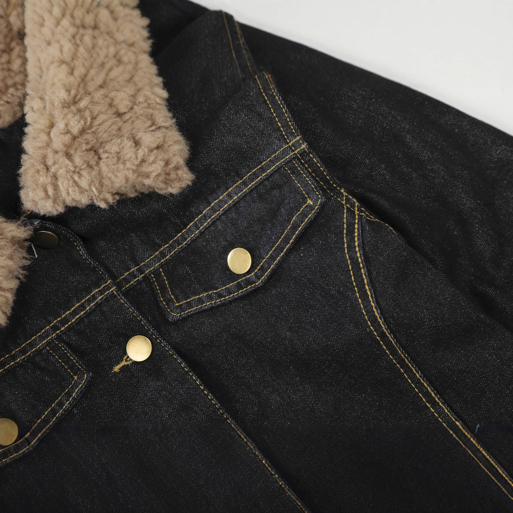 Retro lamb fleece patchwork denim jacket for women