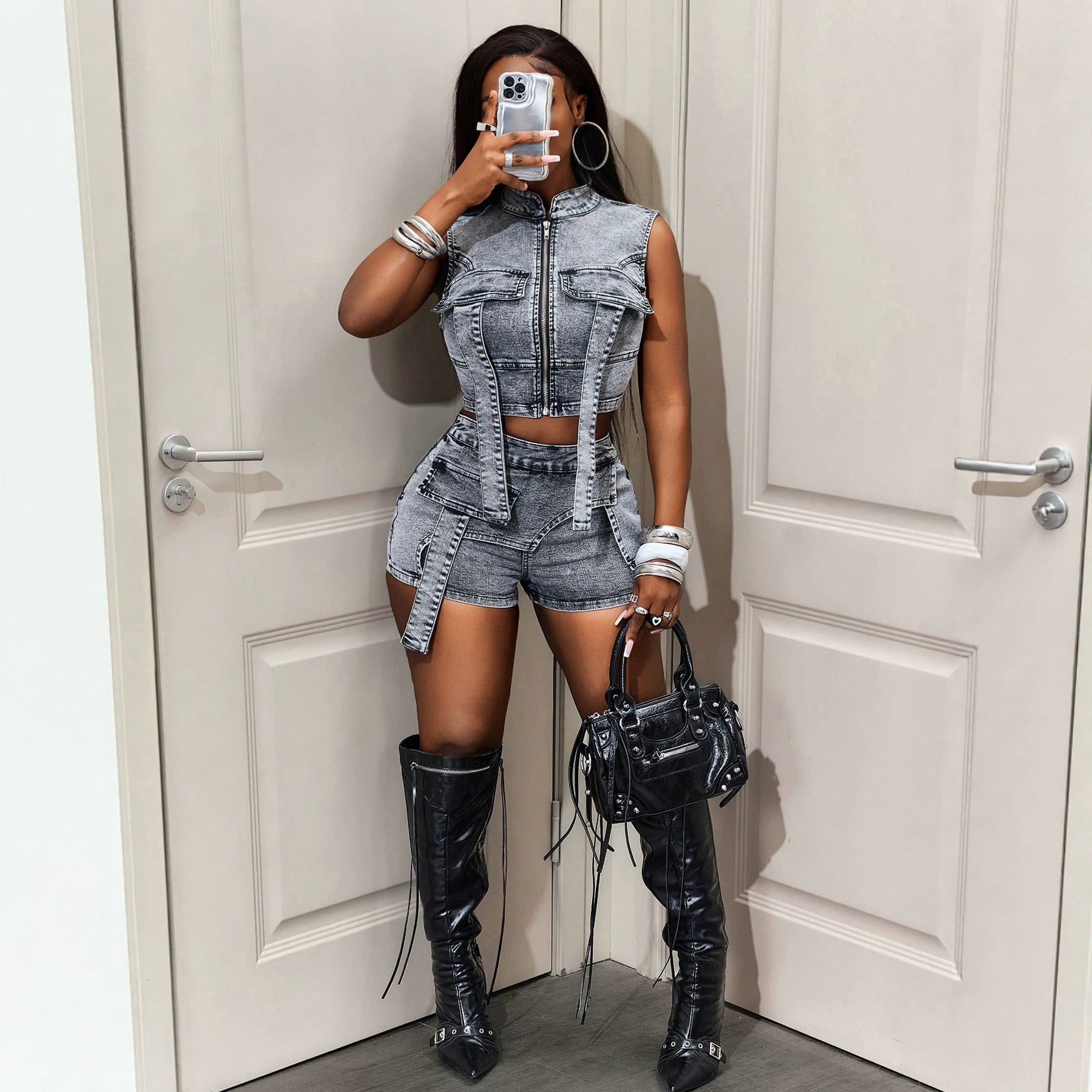 High waisted women's denim shorts