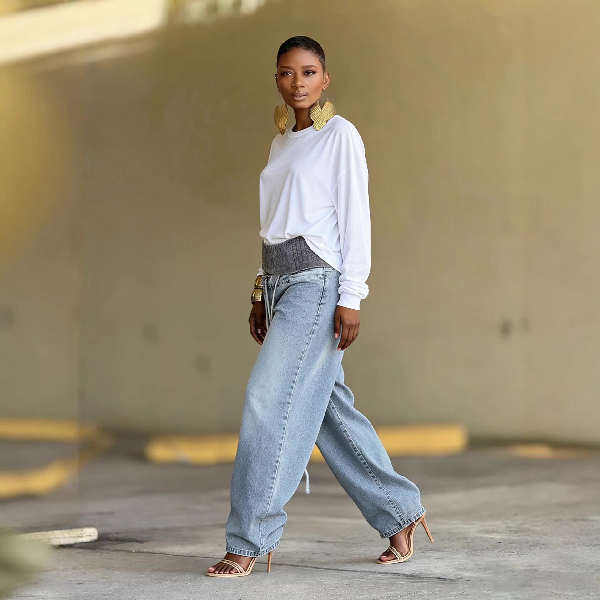 Washed Distressed Ribbed Elastic Waist Wide Leg Jeans
