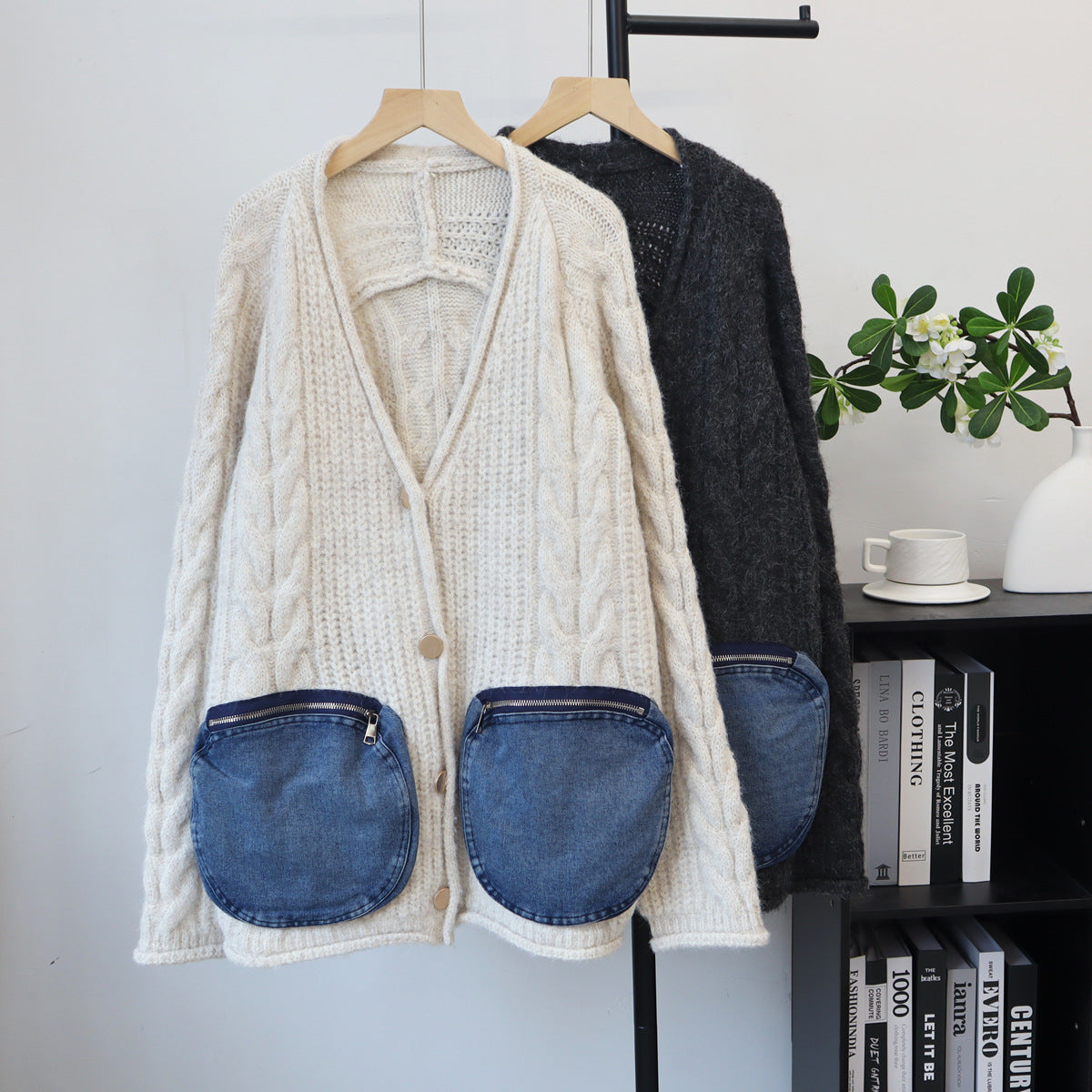 Splicing denim pocket sweater